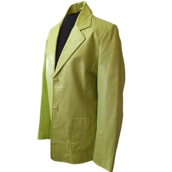METROSTYLE Leather Jacket Blazer Lime Green Button Front Lined Size 10 Retro - Picture 2 of 13